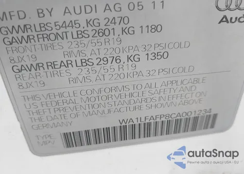 2012 Audi Q5 2.0T Premium z USA, uszkodzony, nr VIN WA1LFAFP8CA001234